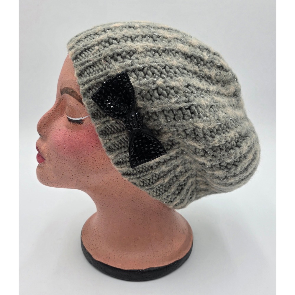 Simply Vera Vera Wang Gray Metallic Knit Beanie Black Beaded Bow Slouchy Hat